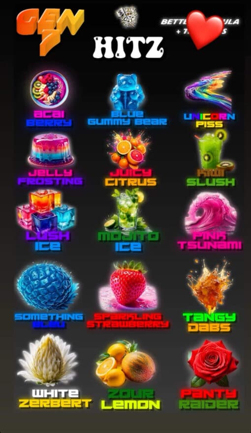 Hitz 2g disposable Gen 7 Flavors. Hitz Lemon Dragon Fruit, Hitz Ultra Raspberry, Hitz Blue gummy worm, Hitz unicorn piss